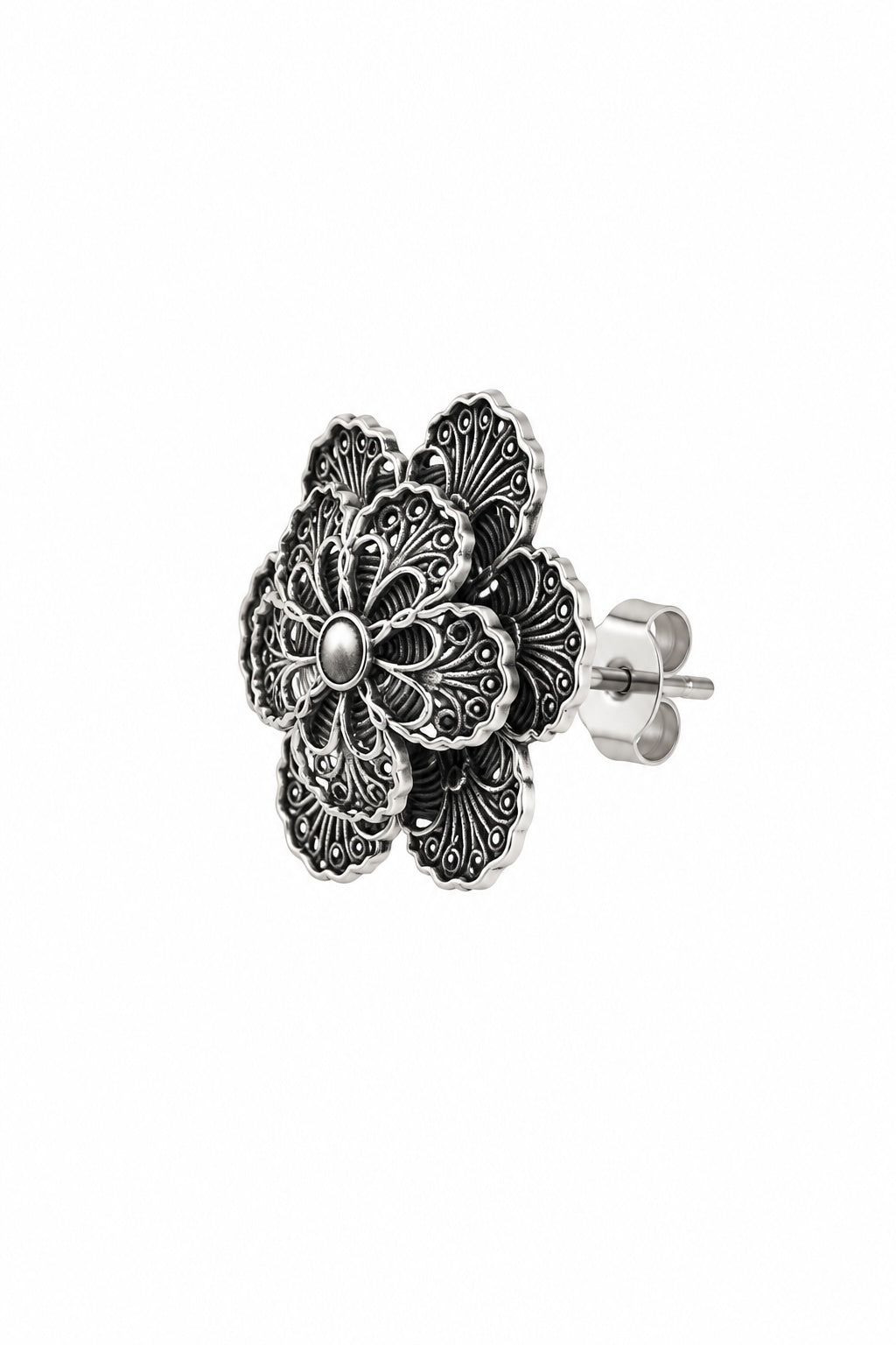 Vintage Floral Oxidized Silver Stud Earrings | Statement Flower Earrings for Women