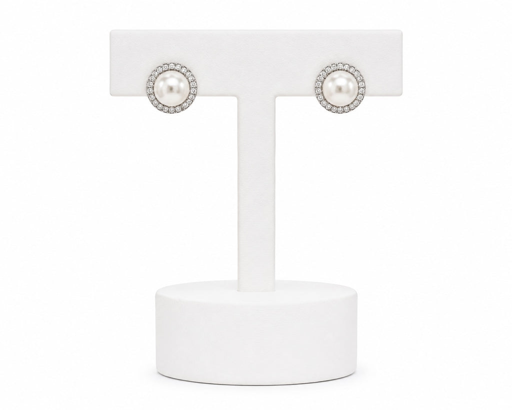 Classic Pearl & Crystal Stud Earrings | Elegant Silver-Tone Pearl Earrings