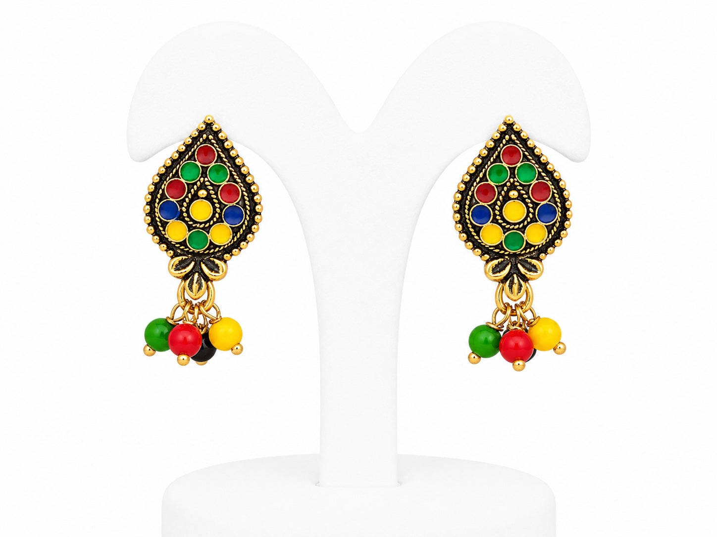 Colorful earrings with gold accents on a white background