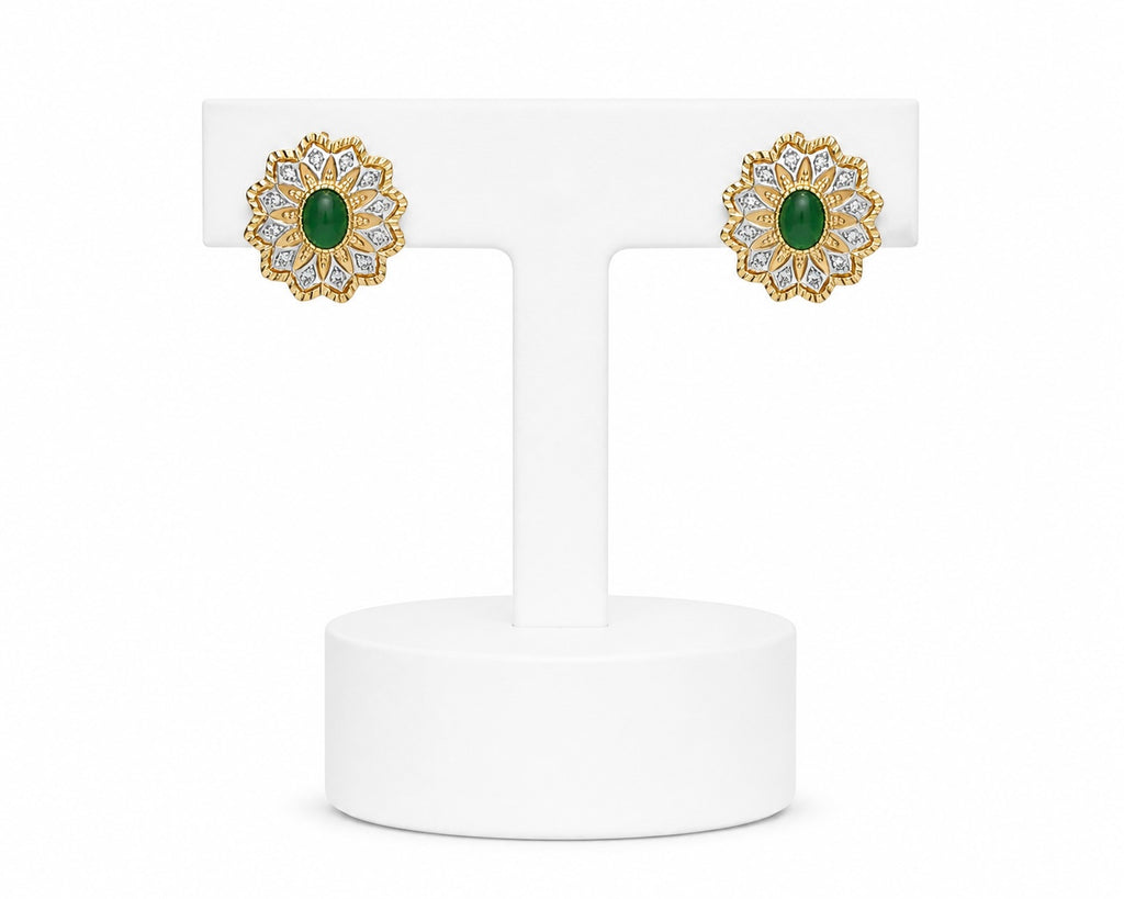 Emerald Bloom Stud Earrings | Green Stone & Gold Floral Statement Earrings
