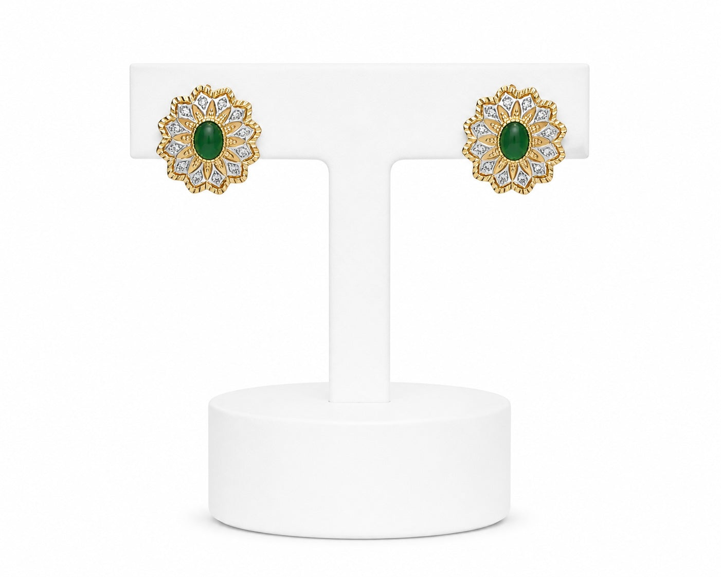 Emerald Bloom Stud Earrings | Green Stone & Gold Floral Statement Earrings