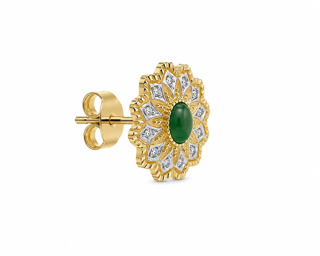 Emerald Bloom Stud Earrings | Green Stone & Gold Floral Statement Earrings