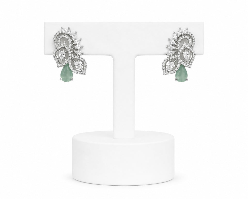 Mint Green Crystal Statement Stud Earrings | Elegant Silver Floral Drop Earrings