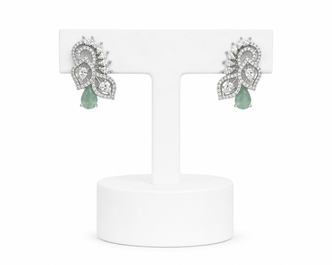 Mint Green Crystal Statement Stud Earrings | Elegant Silver Floral Drop Earrings