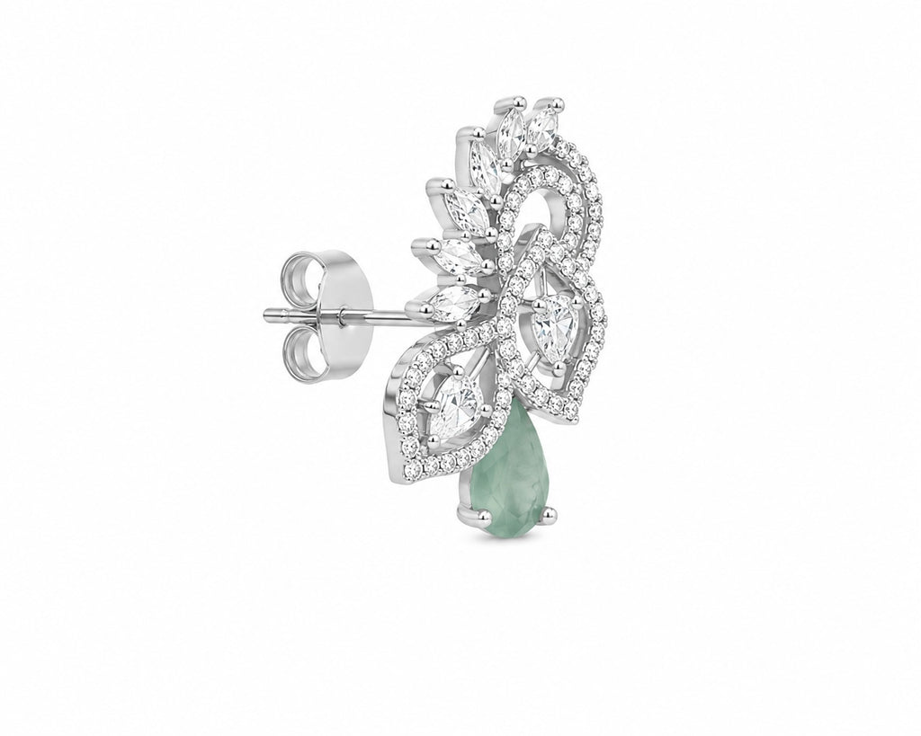 Mint Green Crystal Statement Stud Earrings | Elegant Silver Floral Drop Earrings