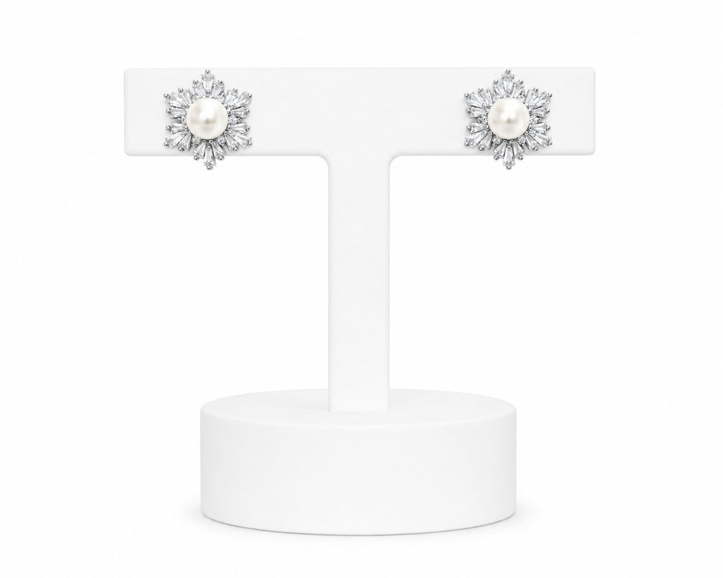 Pearl Sunburst Crystal Stud Earrings | Silver Statement Pearl Earrings