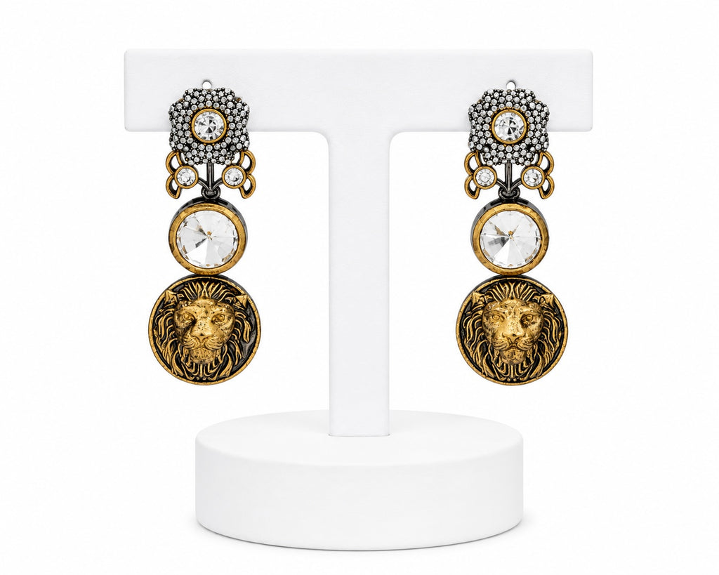 Regal Lion Medallion Crystal Drop Earrings | Vintage Statement Earrings