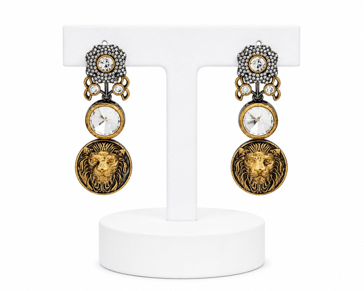 Regal Lion Medallion Crystal Drop Earrings | Vintage Statement Earrings