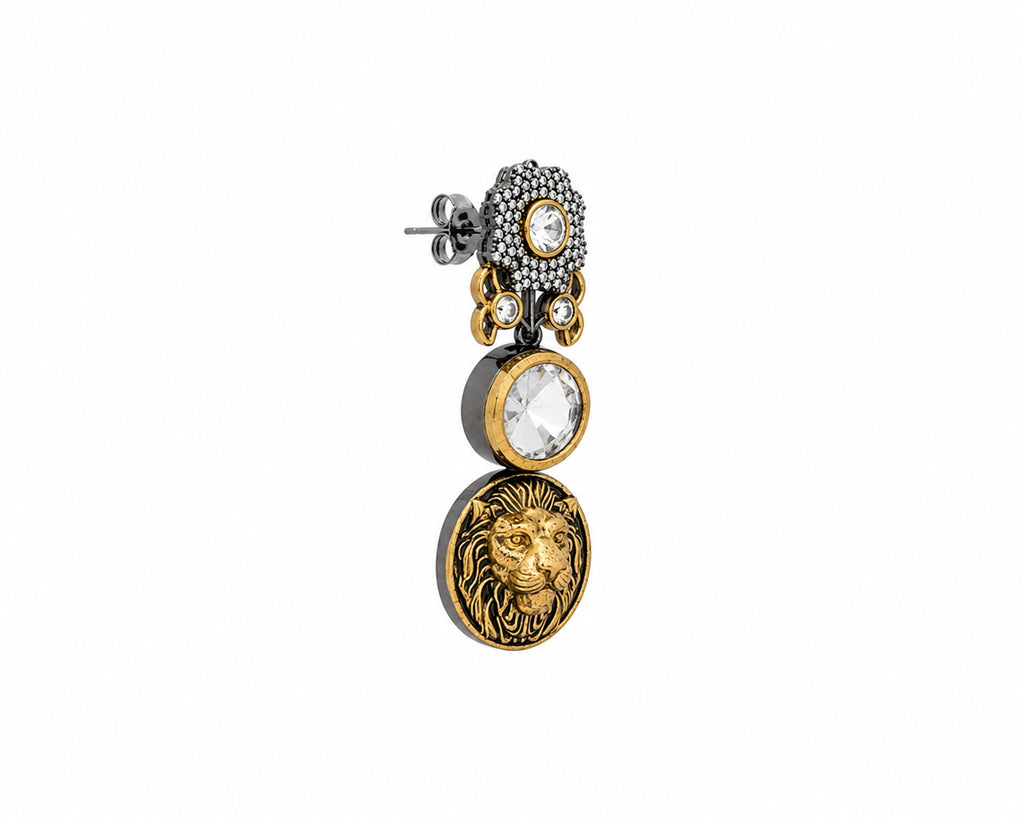 Regal Lion Medallion Crystal Drop Earrings | Vintage Statement Earrings