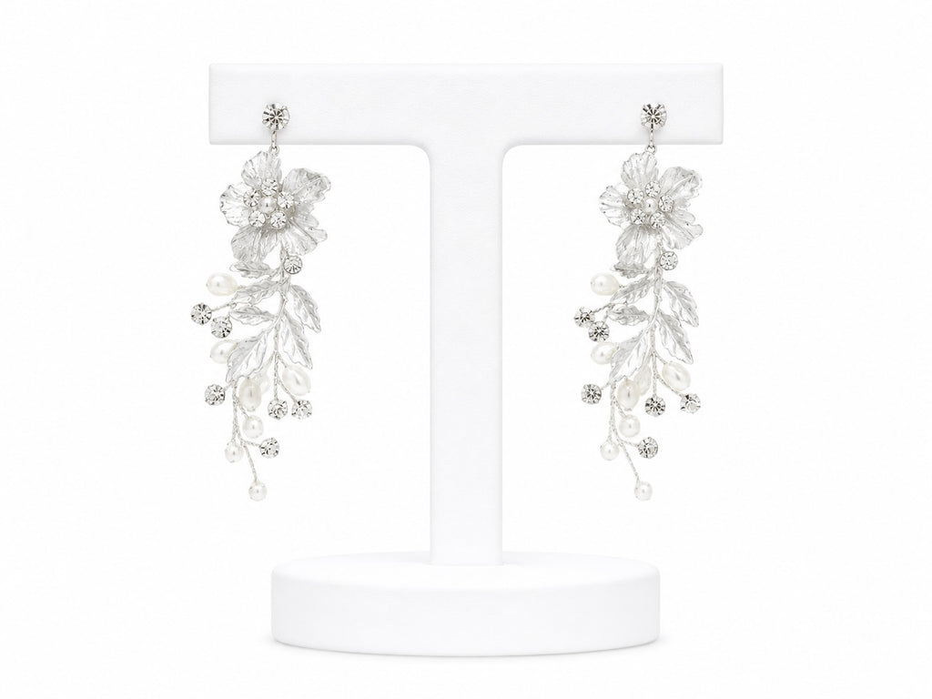 Pearl Blossom Crystal Drop Earrings | Bridal Floral Statement Earrings