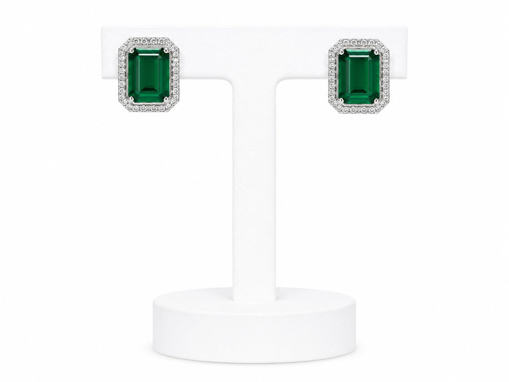 Emerald Green Halo Stud Earrings | Crystal Rectangle Statement Earrings
