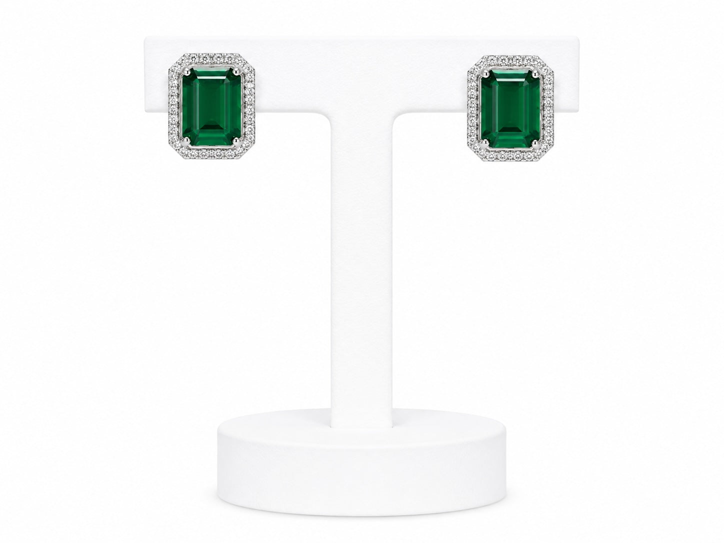 Emerald Green Halo Stud Earrings | Crystal Rectangle Statement Earrings