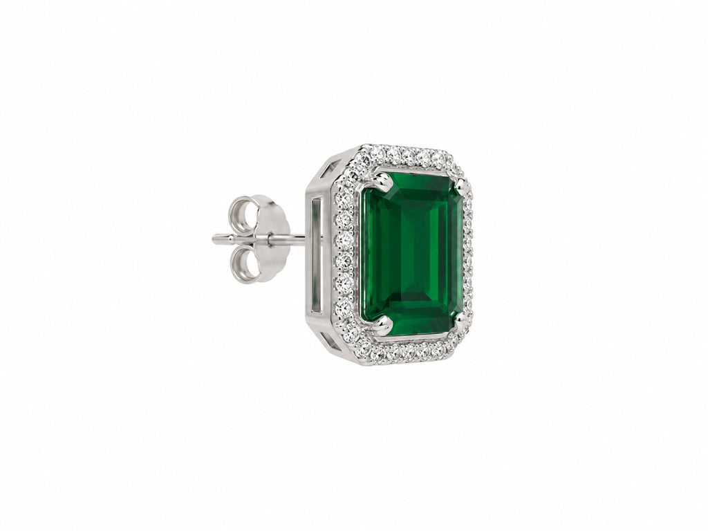 Emerald Green Halo Stud Earrings | Crystal Rectangle Statement Earrings