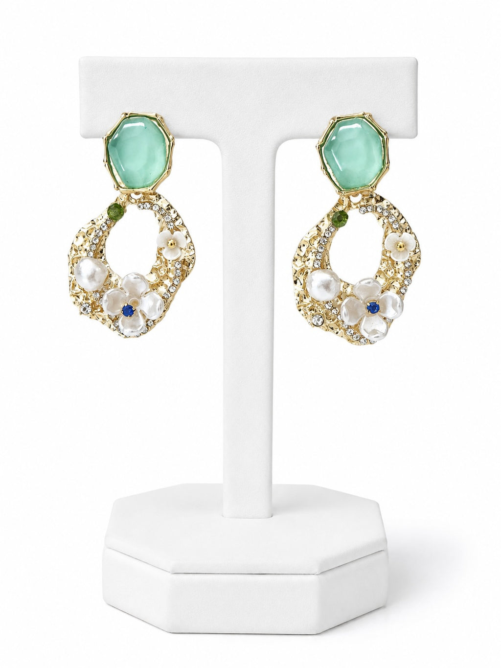 Mint Green Floral Pearl Drop Earrings | Gold Statement Earrings for Women