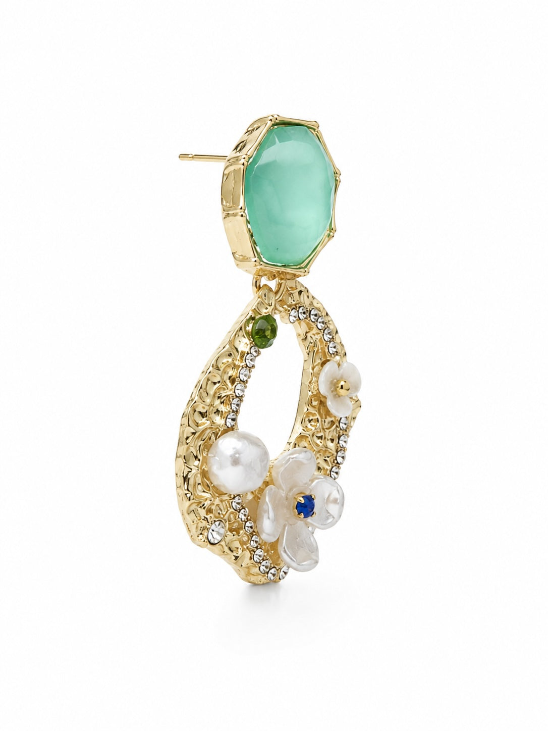 Mint Green Floral Pearl Drop Earrings | Gold Statement Earrings for Women