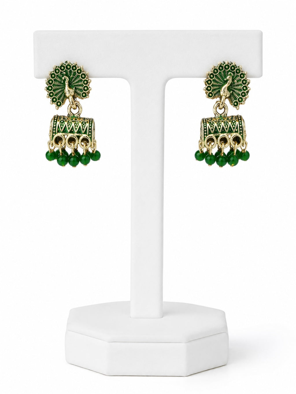 Green Peacock Jhumki Earrings | Traditional Indian Drop Earrings with Bead Accents