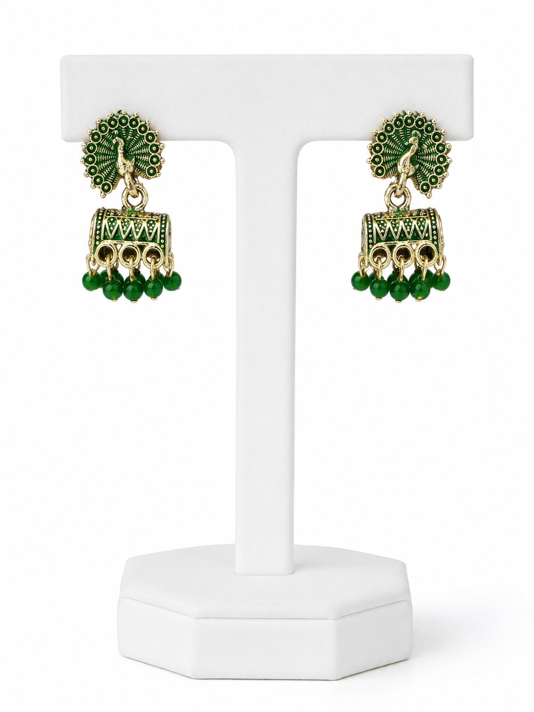 Green Peacock Jhumki Earrings | Traditional Indian Drop Earrings with Bead Accents