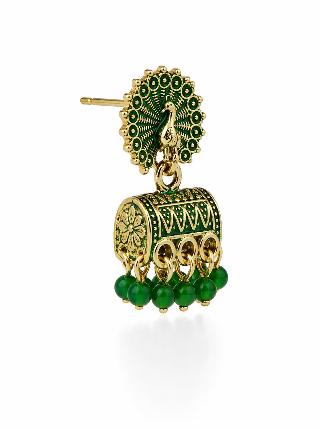 Green Peacock Jhumki Earrings | Traditional Indian Drop Earrings with Bead Accents