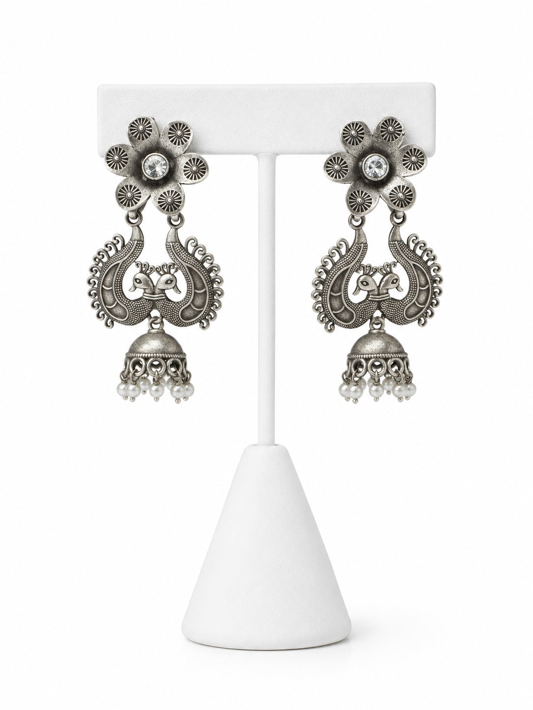 Antique Silver Peacock Jhumka Earrings with Pearl Drops | Traditional Indian Statement Earrings