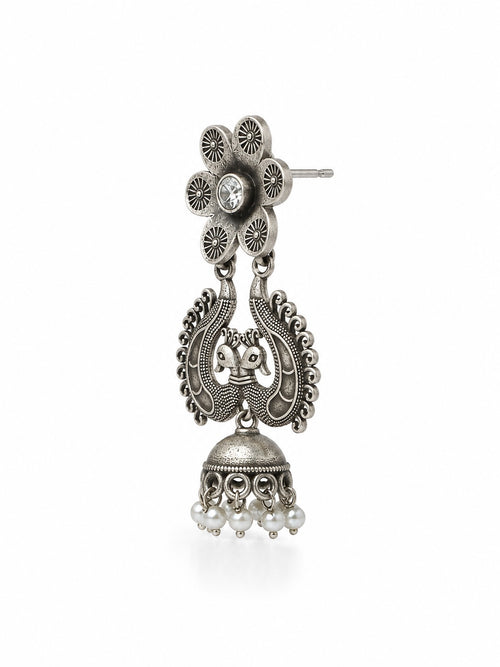 Antique Silver Peacock Jhumka Earrings with Pearl Drops | Traditional Indian Statement Earrings