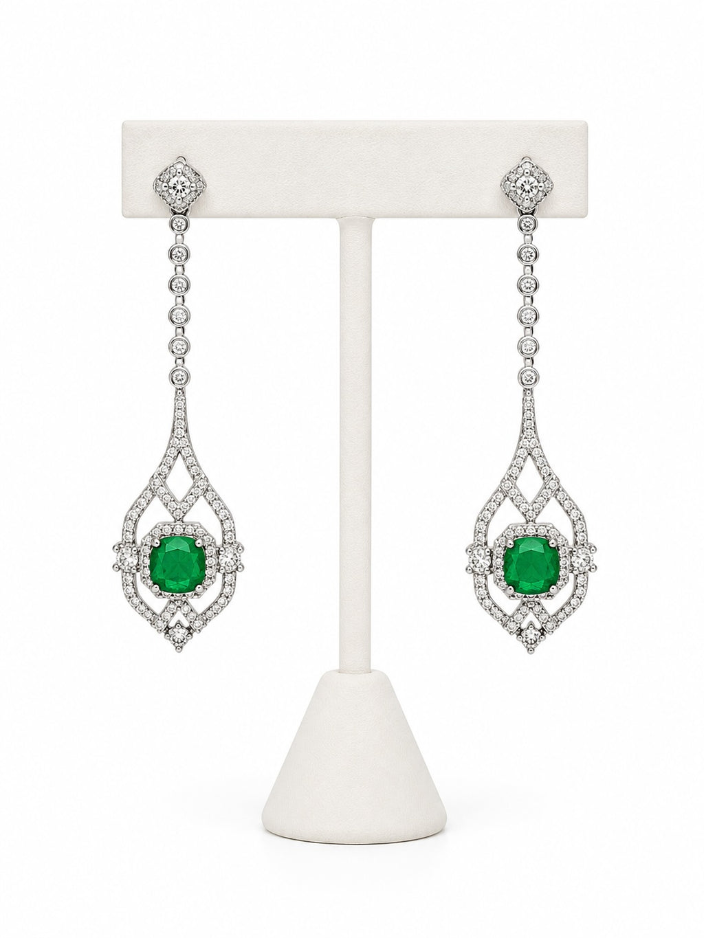Emerald Green Crystal Drop Earrings | Luxury Silver Statement Evening Earrings