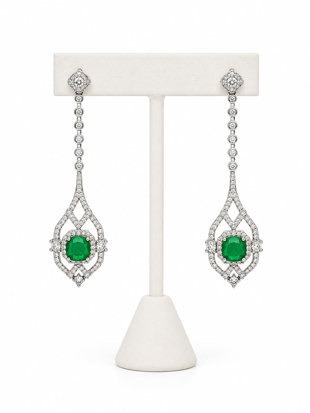 Emerald Green Crystal Drop Earrings | Luxury Silver Statement Evening Earrings