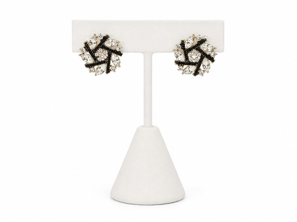 Black & Crystal Floral Statement Stud Earrings | Gold-Tone Designer Inspired Earrings