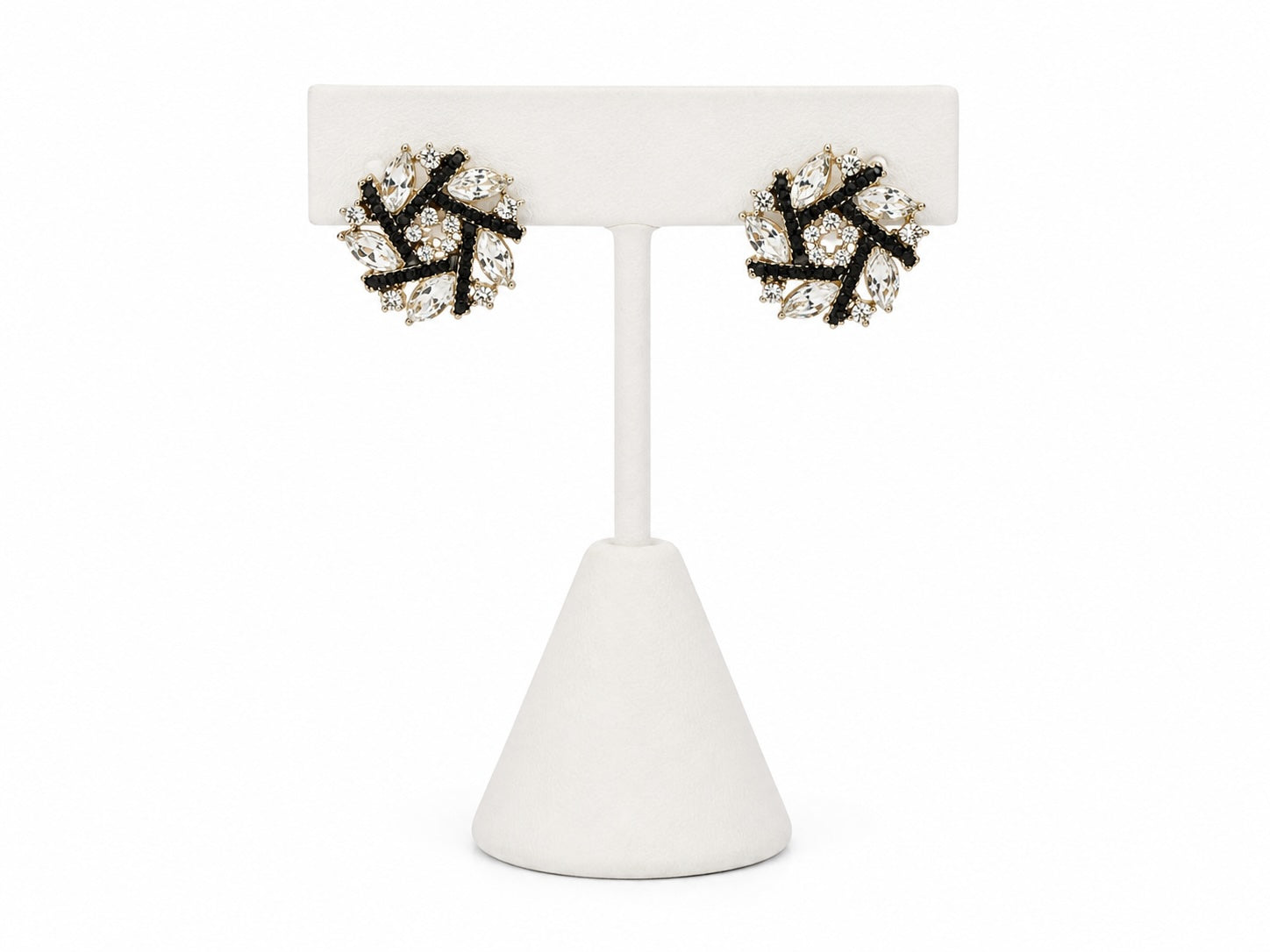 Black & Crystal Floral Statement Stud Earrings | Gold-Tone Designer Inspired Earrings