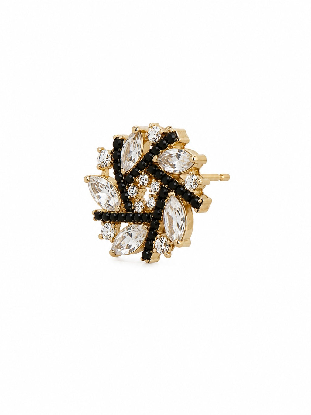Black & Crystal Floral Statement Stud Earrings | Gold-Tone Designer Inspired Earrings