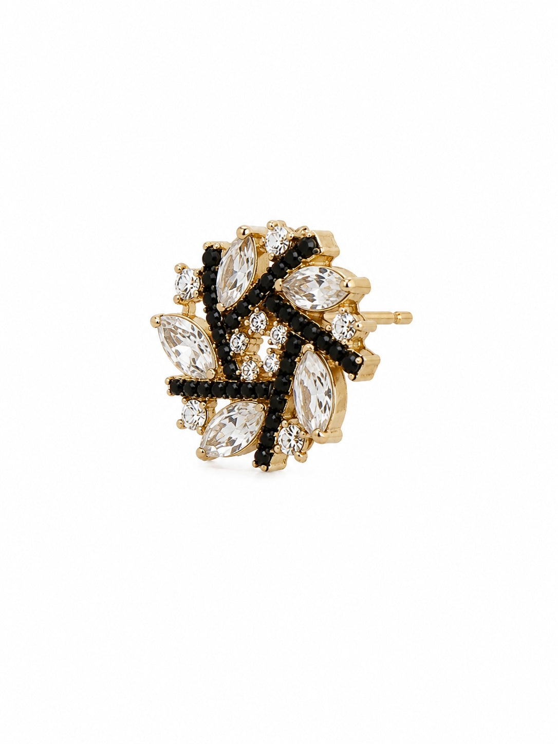 Black & Crystal Floral Statement Stud Earrings | Gold-Tone Designer Inspired Earrings