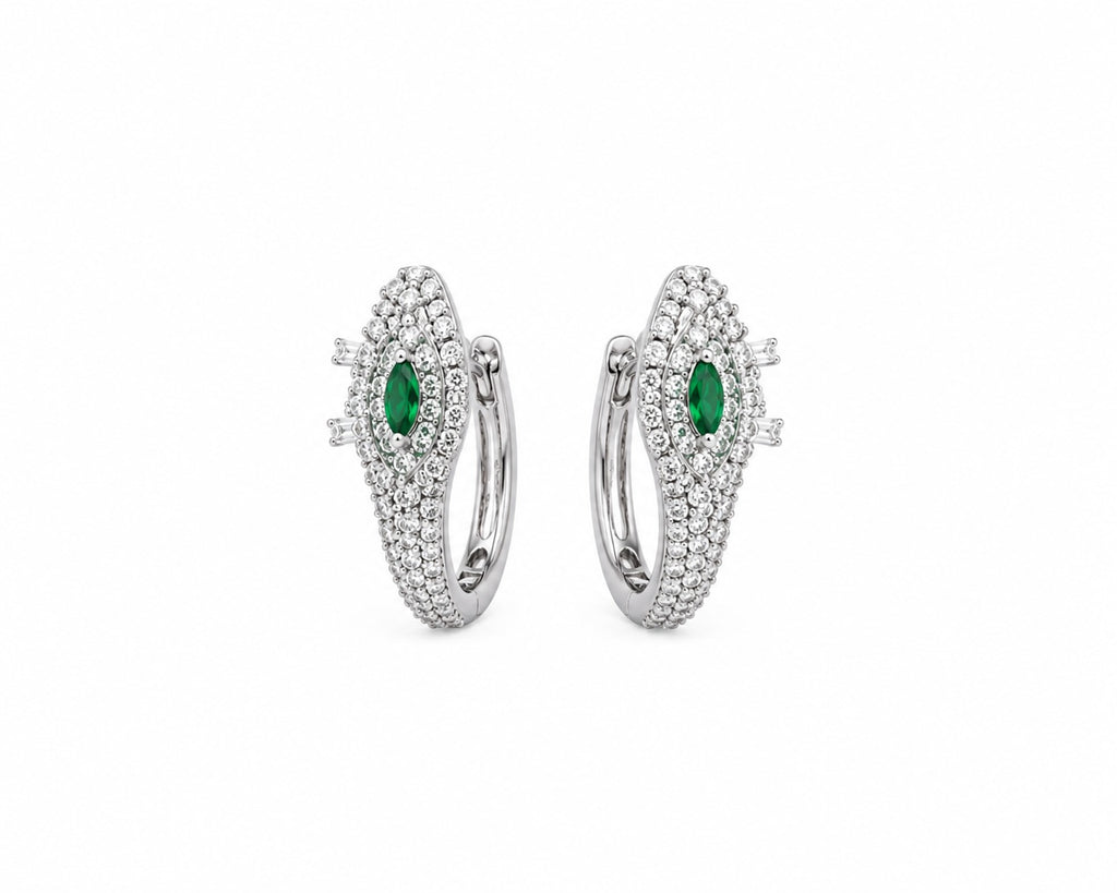 Emerald Eye Crystal Hoop Earrings | Silver Statement Huggie Earrings