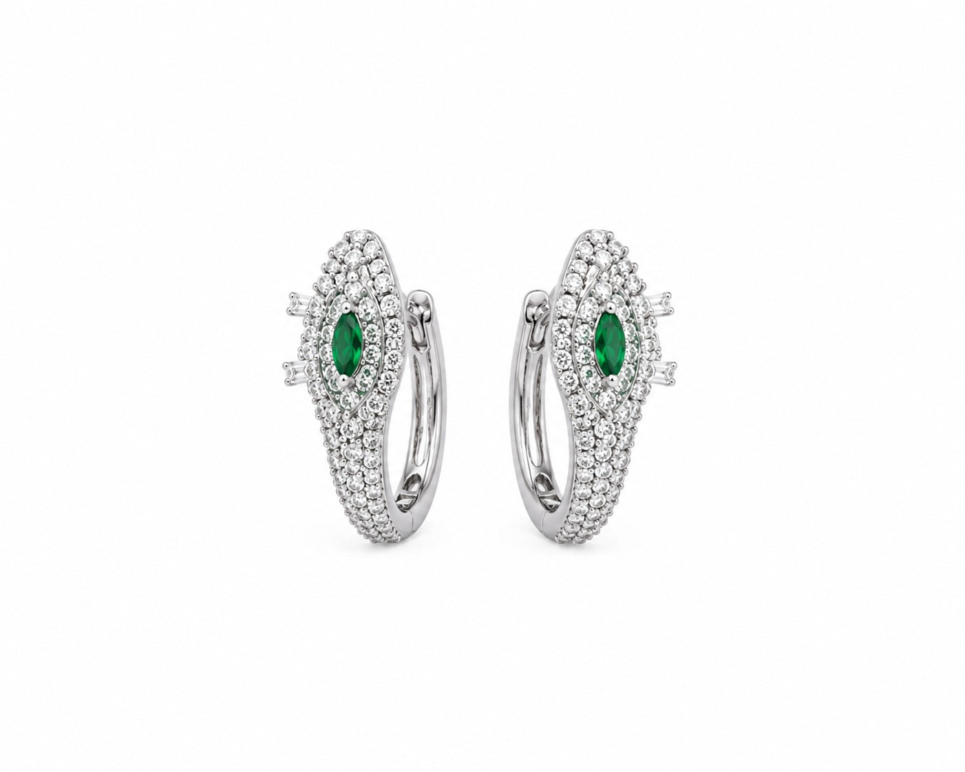 Emerald Eye Crystal Hoop Earrings | Silver Statement Huggie Earrings