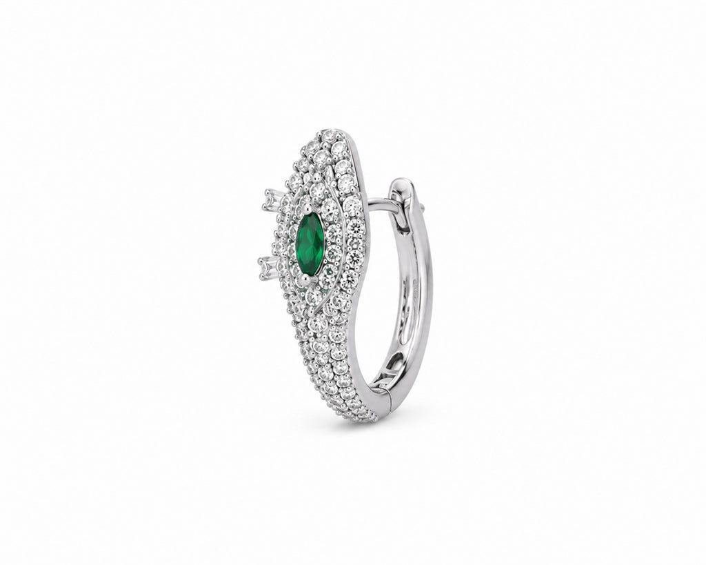 Emerald Eye Crystal Hoop Earrings | Silver Statement Huggie Earrings