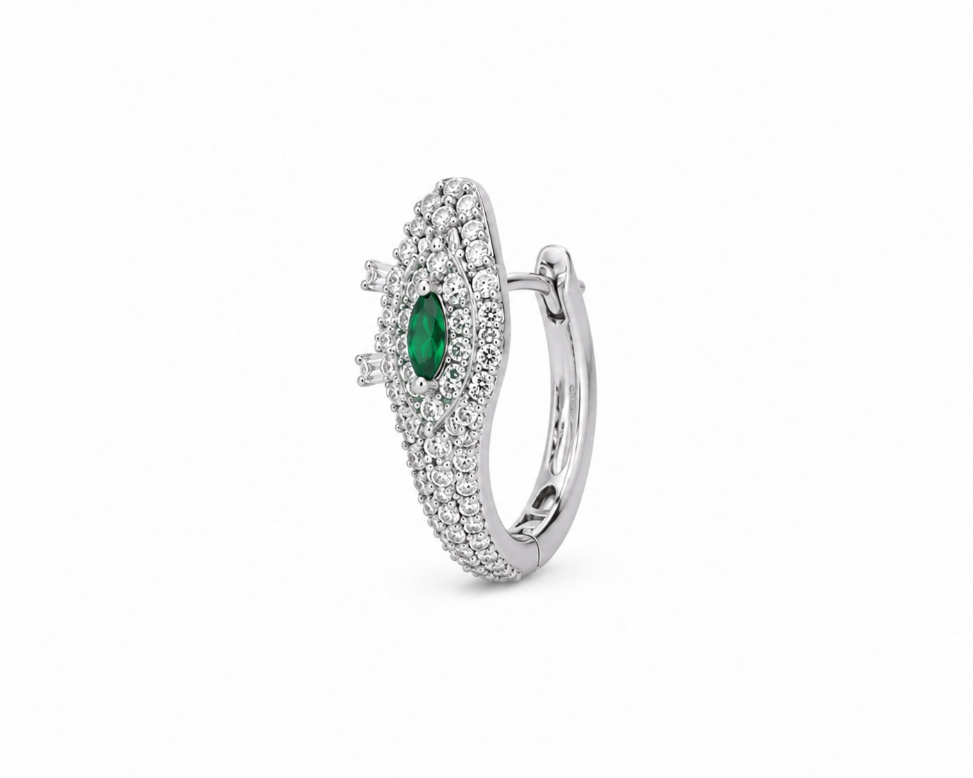 Emerald Eye Crystal Hoop Earrings | Silver Statement Huggie Earrings