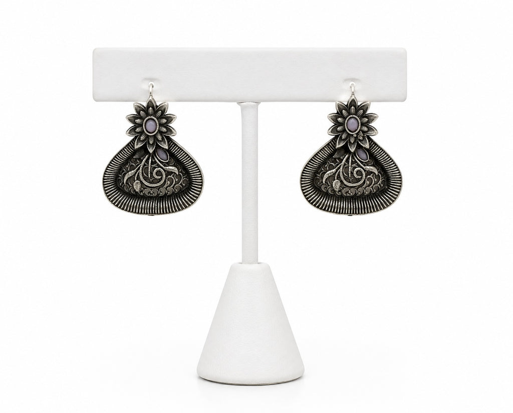 Vintage Oxidized Floral Drop Earrings | Boho Silver Statement Earrings