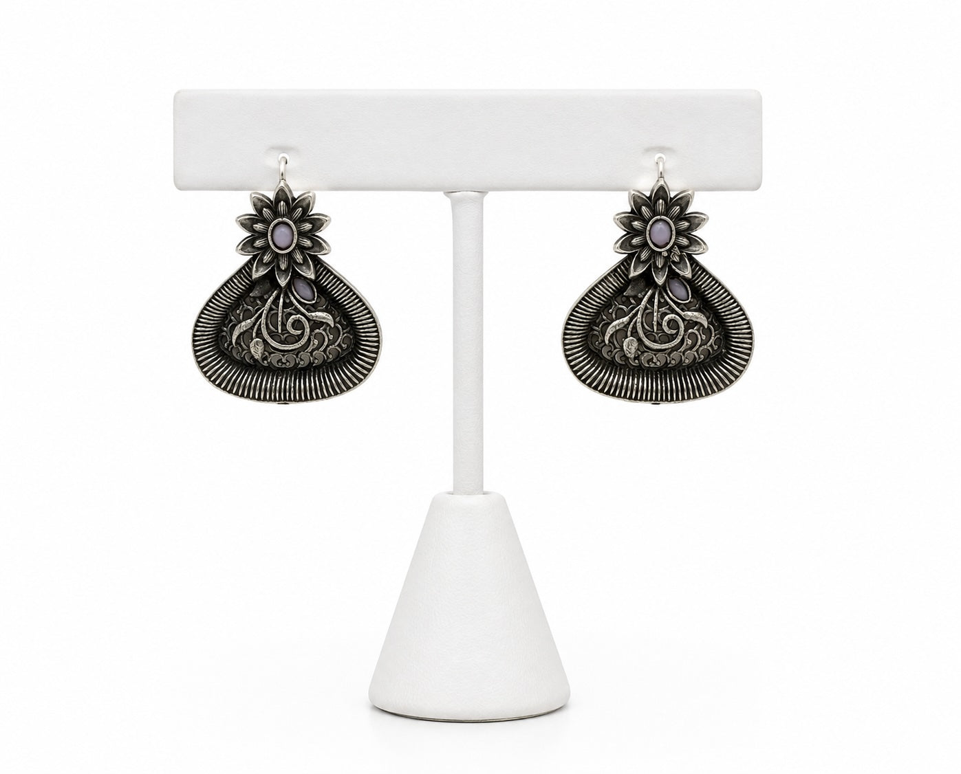 Vintage Oxidized Floral Drop Earrings | Boho Silver Statement Earrings