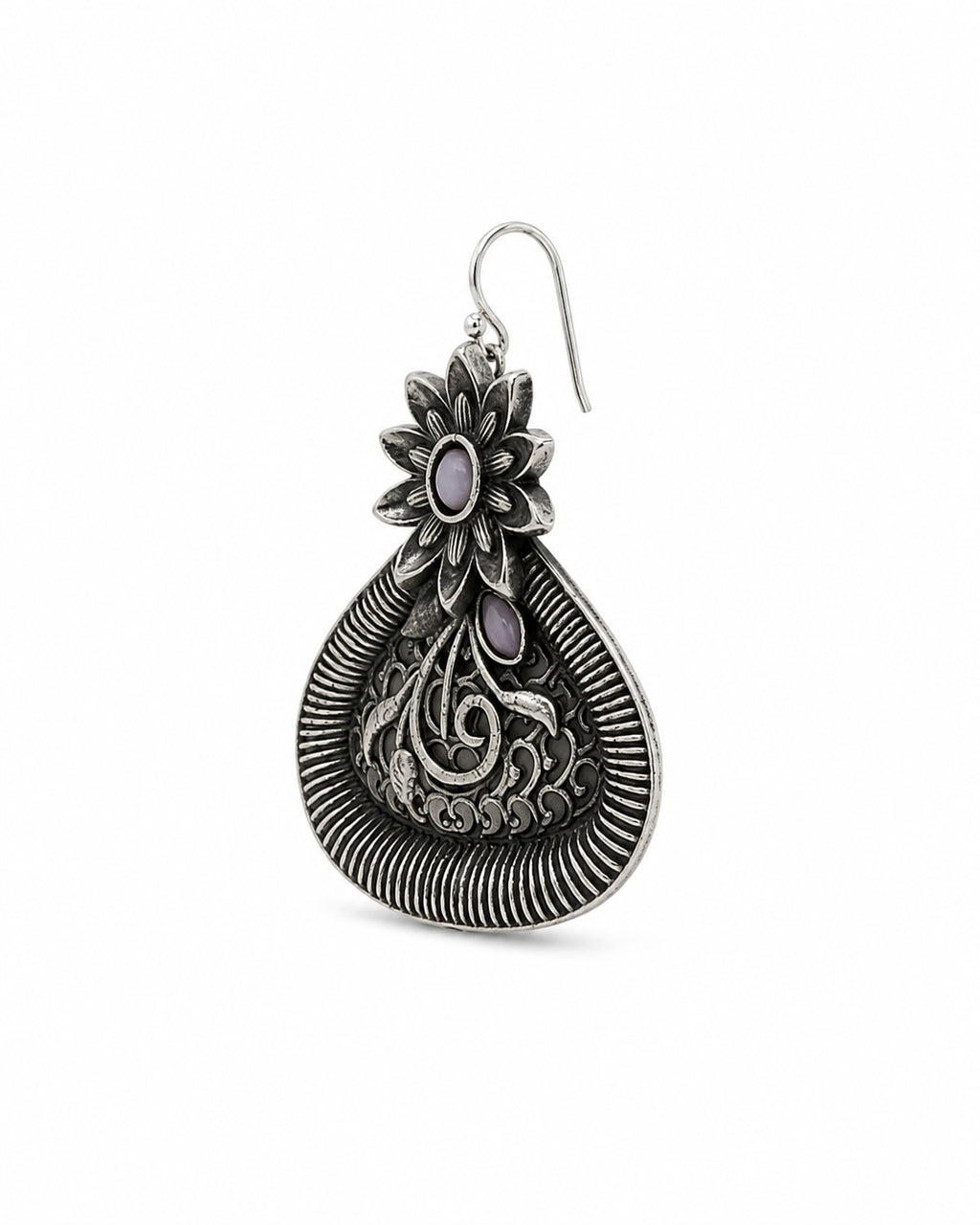 Vintage Oxidized Floral Drop Earrings | Boho Silver Statement Earrings