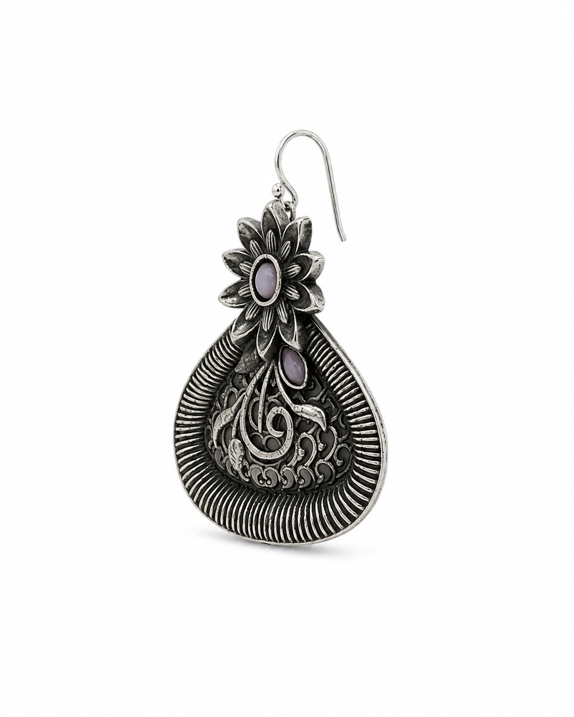 Vintage Oxidized Floral Drop Earrings | Boho Silver Statement Earrings