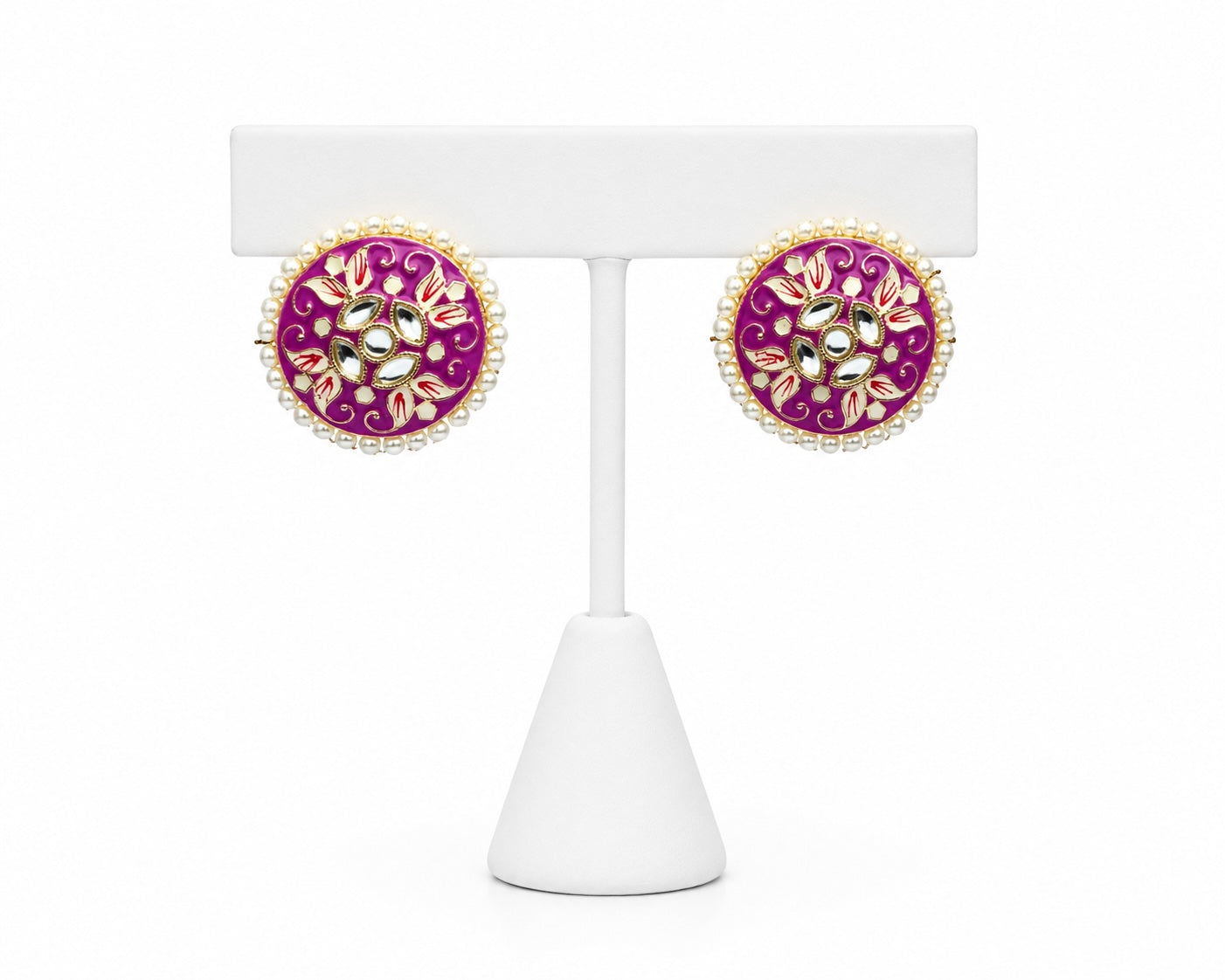 Fuchsia Kundan Pearl Stud Earrings | Traditional Indian Statement Earrings