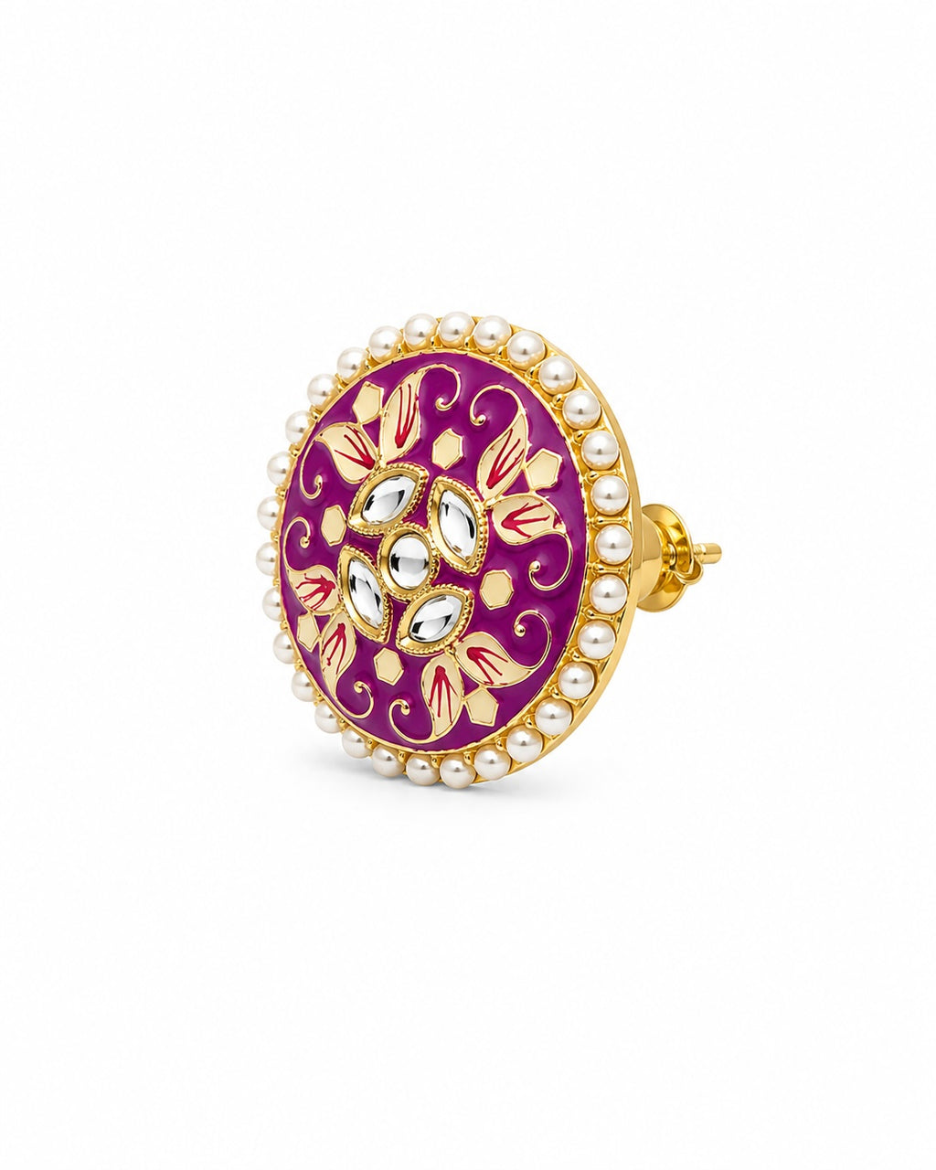 Fuchsia Kundan Pearl Stud Earrings | Traditional Indian Statement Earrings