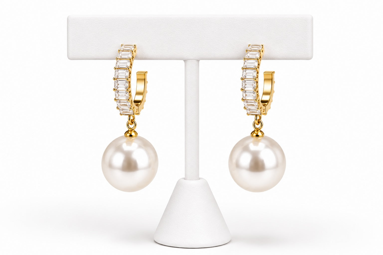 Gold Pearl Drop Earrings with Crystal Huggie Hoops | Elegant Statement Earrings