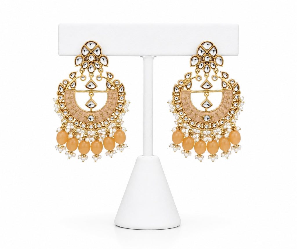 Peach Kundan Chandbali Earrings with Pearl & Bead Drops | Traditional Indian Statement Earrings