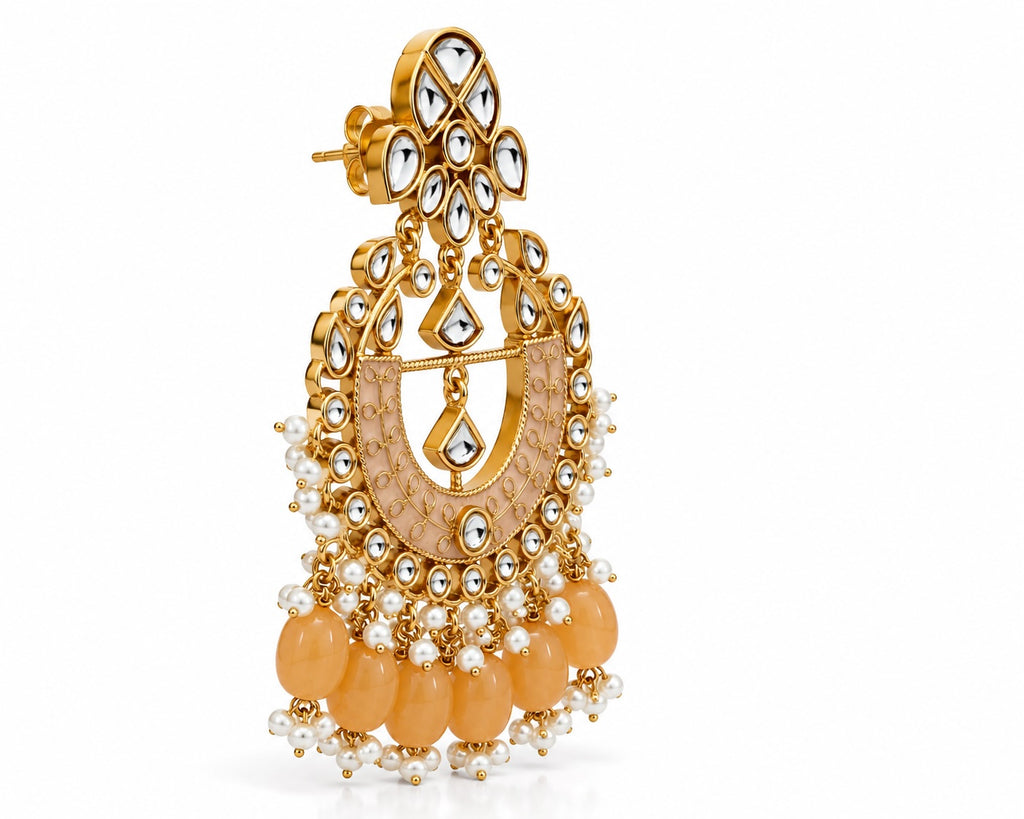 Peach Kundan Chandbali Earrings with Pearl & Bead Drops | Traditional Indian Statement Earrings