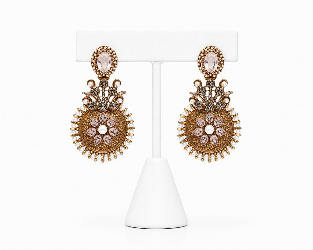 Vintage Rose Gold Statement Earrings with Pearls & Blush Crystal Accents | Antique Bridal Earrings