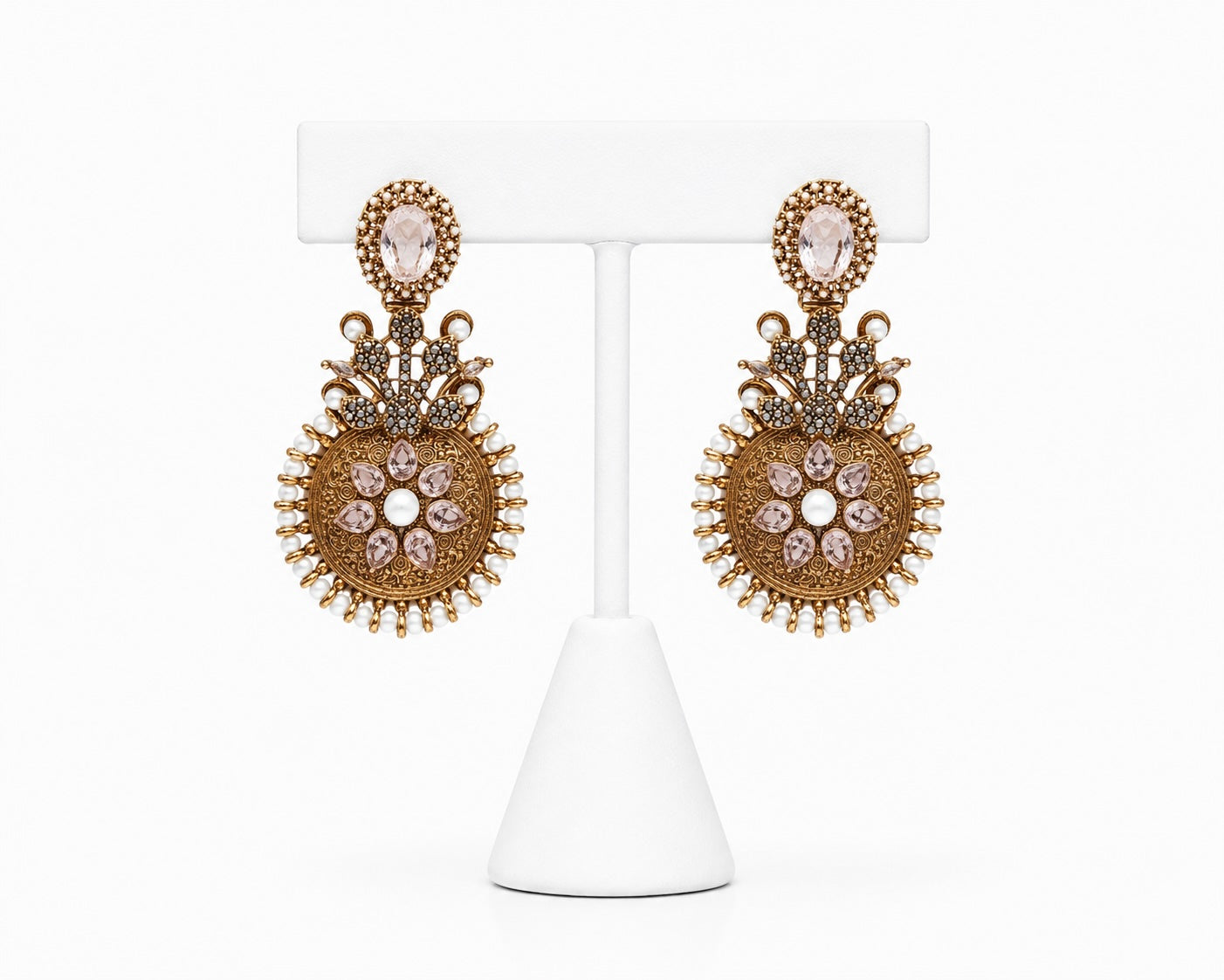 Vintage Rose Gold Statement Earrings with Pearls & Blush Crystal Accents | Antique Bridal Earrings