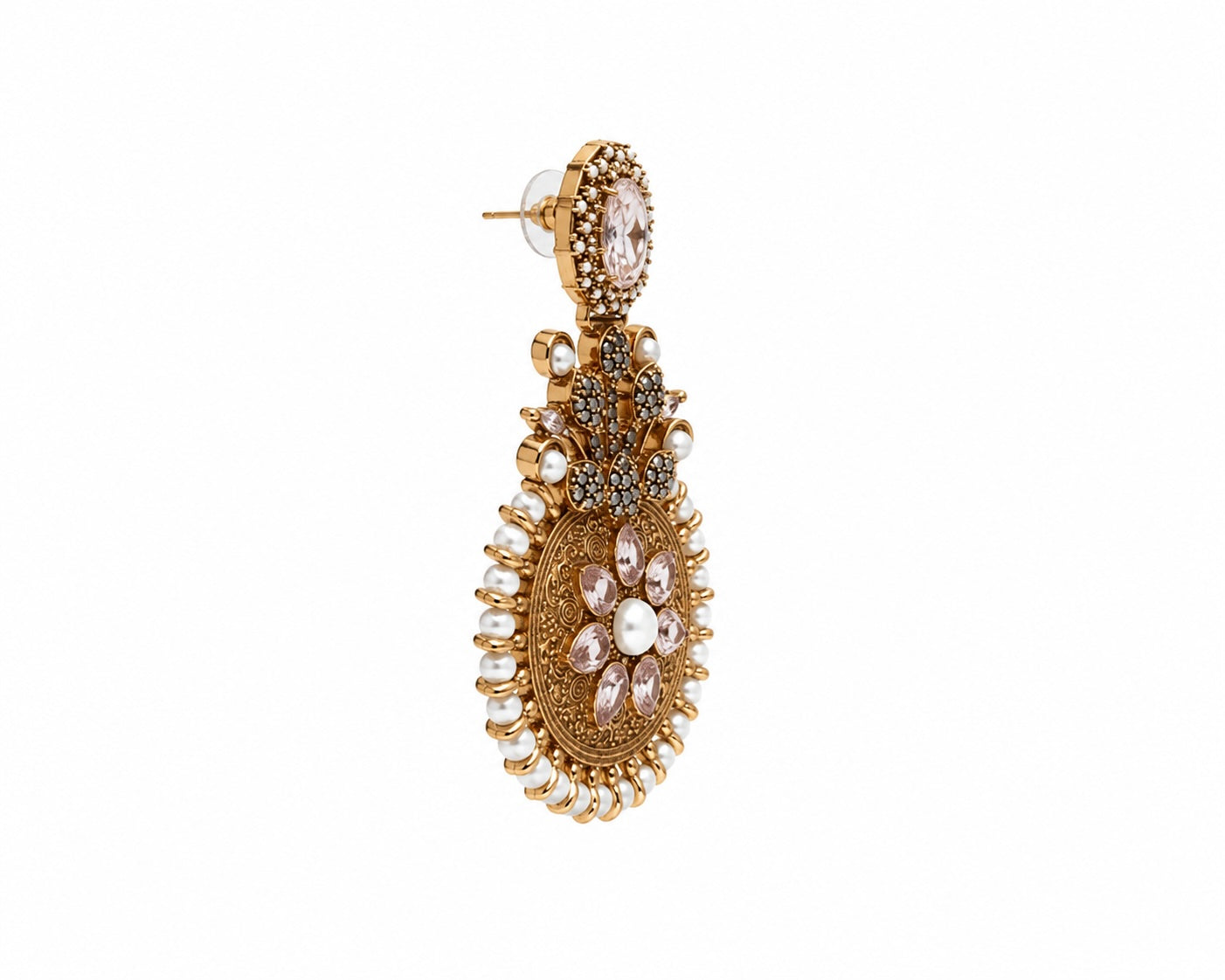 Vintage Rose Gold Statement Earrings with Pearls & Blush Crystal Accents | Antique Bridal Earrings