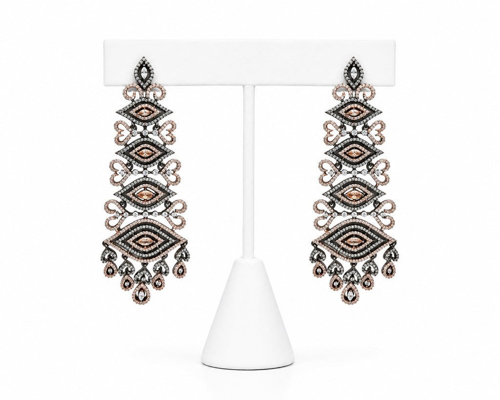 Black & Rose Gold Statement Chandelier Earrings | Crystal Evening & Party Earrings