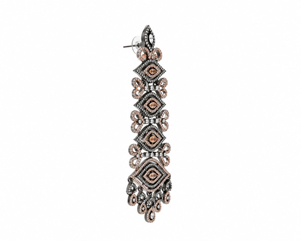 Black & Rose Gold Statement Chandelier Earrings | Crystal Evening & Party Earrings