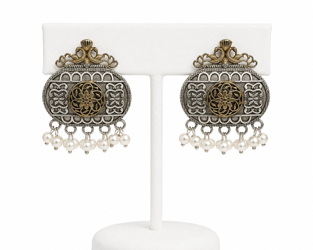 Vintage Dual-Tone Pearl Drop Earrings | Antique Silver & Gold Statement Earrings