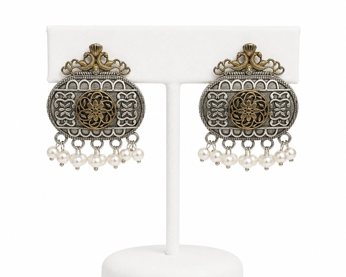 Vintage Dual-Tone Pearl Drop Earrings | Antique Silver & Gold Statement Earrings
